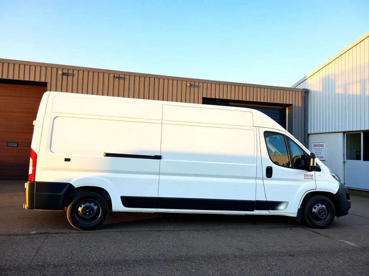 Vit transportbil utanför verkstaden